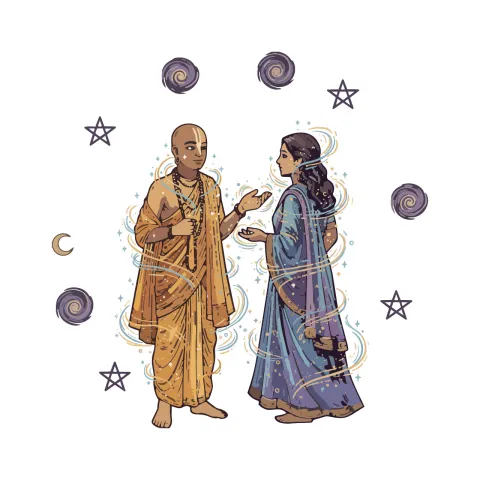 Yogi im Gespräch mit einer Frau umgeben von Symbolen