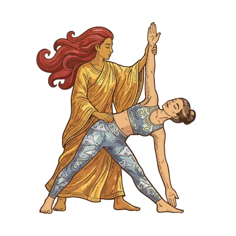 eine Frau in der Yoga-Stellung Trikonasana mit Unterstützung einer Person